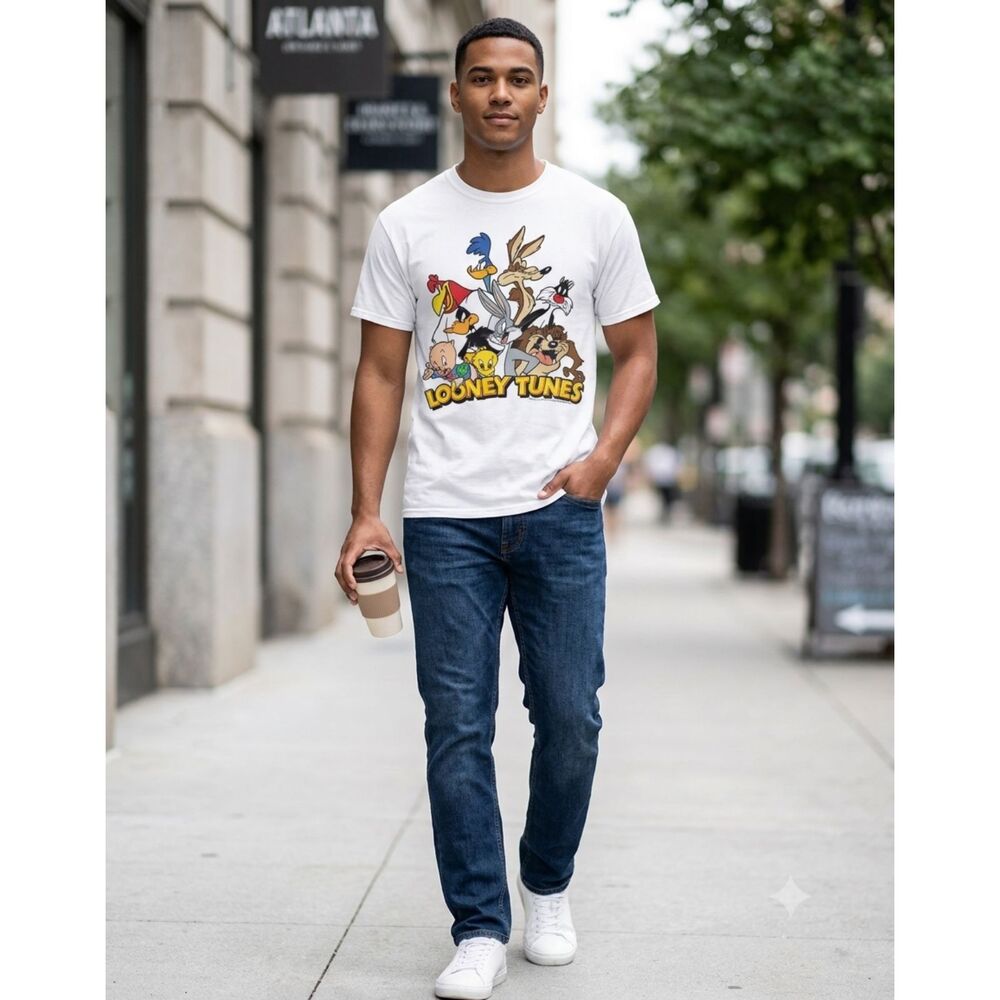 Looney Tunes White Graphic T-Shirt Medium 90s 100% Cotton